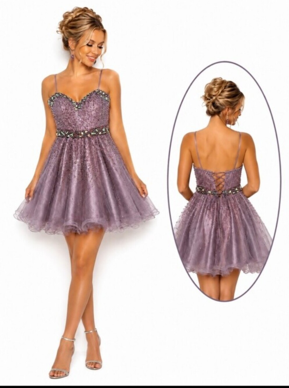 Dusty Purple Sequins Chunky Stones Lace Up Back Tulle Party Dress sz 2